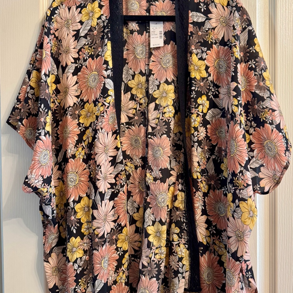 Maurices Floral Kimono with Pink and Yellow Accents with a black trim